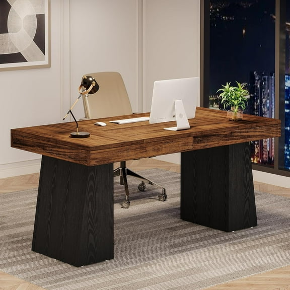 Tribesigns 55" Home Office Desk, Mid-Century Modern Executive Desk, Wood Computer Desk, Black & Brown