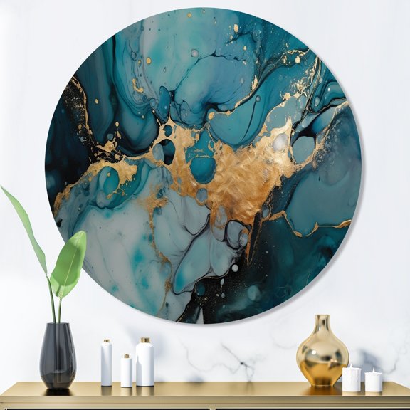 Designart "Mesmerizing Marble Abstraction Blue and Gold II" Abstract Marble Metal Round Wall Art Prints