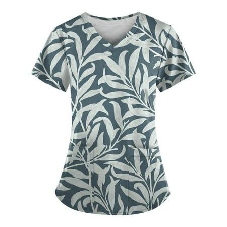 

TKing Fashion Independence Day Women Plus Size Scrubs Top V-Neck Short Sleeve Printed Pockets Work Blouse for Women Light Blue S