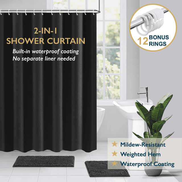 cortina de ducha comfitime tela resistente al moho y hongos negro 72 x 72 Cortina de baño frontal en negro 72 x 72 con tejido de poliéster liso y revestimiento TPU repelente al agua; dobladillo inferior con peso de cuerda de metal, cabecera reforzada con ojales metálicos y 12 ganchos incluidos, colgada en baño con ventana y alfombrillas; adecuada para duchas estándar y lavable a máquina.