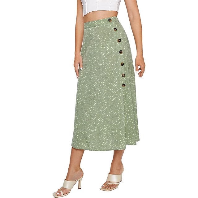Women's Polka Dot A-Line Button Side Split Midi Knee Length Skirt Verde césped XL Verde césped XL Xishao ropa