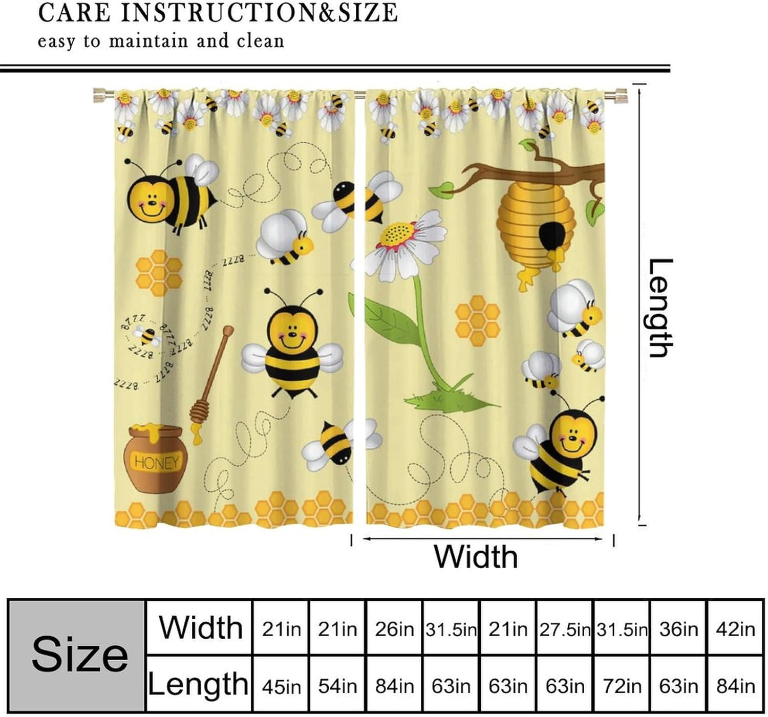 Bee Blackout Curtains Cartoon Flying Bees Daisy Honey Chamomile Flowers Spring Animal Print Living Room Bedroom Cafe Heat Insulation Privacy Curtains 42x63 Inch