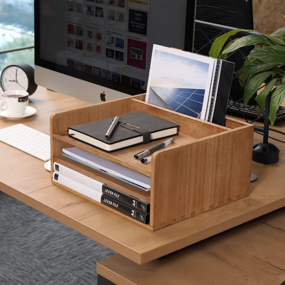 3 Tier Desktop Letter Tray for Office Desk Organizer and Accessories - Wood File Folder Holder for Paper Document Organizer Mail Sorter Workspace Counter Storage Book Shelf Light WJJ3K-LT