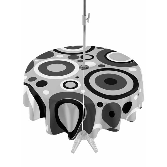 Outdoor Tablecloth with Umbrella Hole for Patio/Picnic/Party/Camping, Black Grey Abstract Waterproof Table Cloth Round Cover Washable, Modern Geometric Polka Dot (Dia 60")