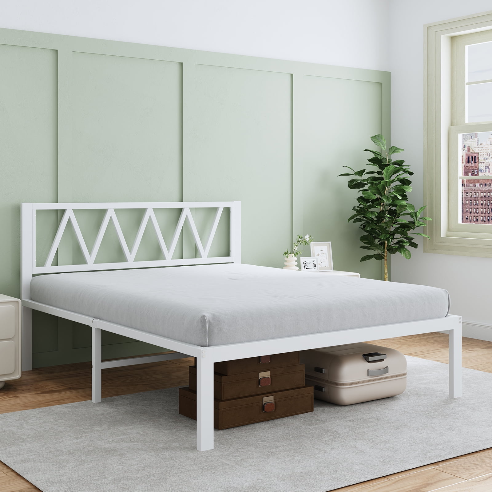 Novilla 18 Inch Full Size Bed Frame With Headboard, White Metal Platform Bed Frame, Full Bed Frame No Box Spring Needed, Easy Assembly, Strong Wood Slats Support