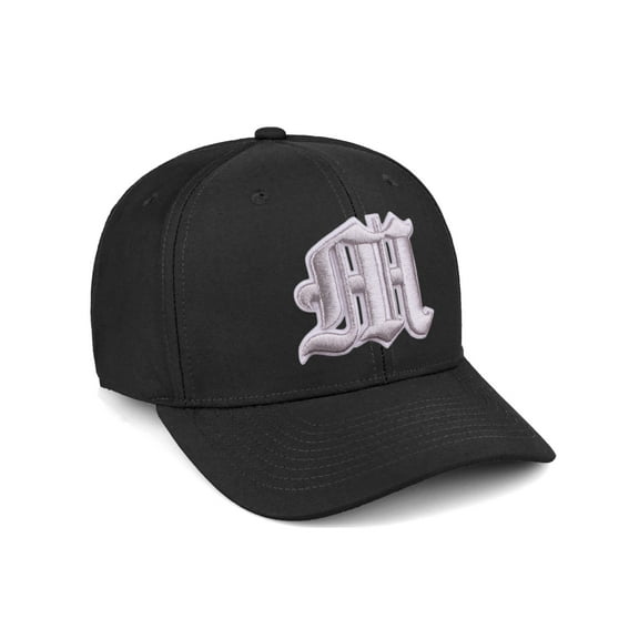 Daxton Premium Mid Profile Hat Semi Curved Visor Black Cap White Silver Gothic Embroidered, Letter M