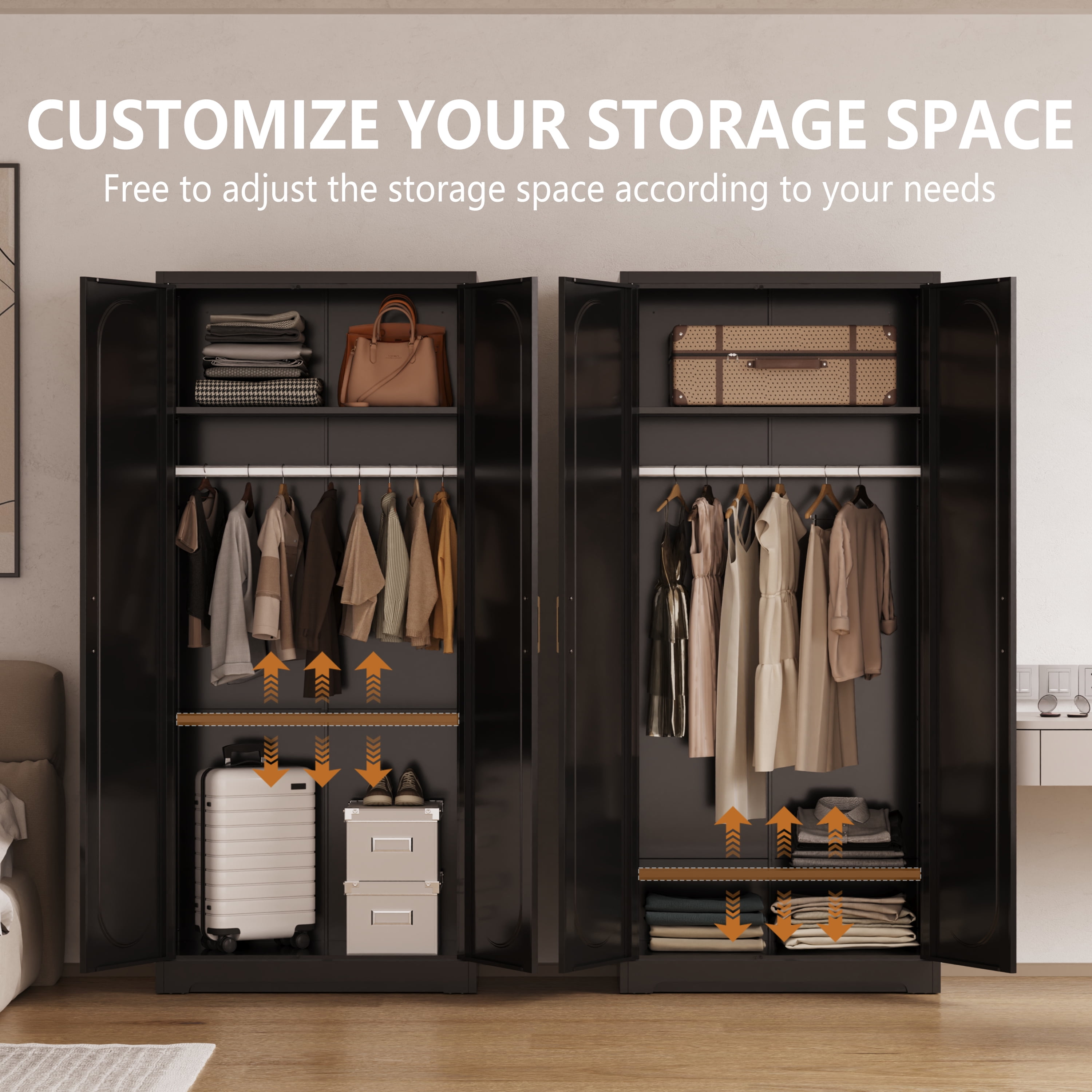 Polup 71" H Modern Steel Sturdy Armoire Cabinet with Shelves and Hanging Rod, Adult Bedroom Wardrobe Closet with Doors