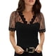 thumbnail image 4 of Blusa informal de manga corta con retazos de encaje y cuello en V para mujer Pompotops hkajfhjk459444, 4 of 7
