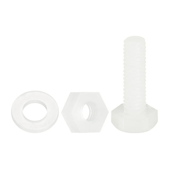 Uxcell 150 Pack/50 Sets Nylon Hex Bolts, M4 x 15mm Plastic Full Threaded Hex Head Screws Bolts and Nuts with Flat Washers for Machinery Electronics Industrial Accessories, White