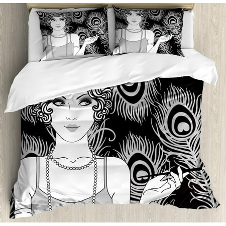 Double Duvet Cover For Teenage Girl Pin up Girl Queen Size Duvet Cover Set, Retro Style Party Concept and a Teenage Short Haired Teenage Girl, Decorative 3 Piece Bedding Set with 2 Pillow Shams, Grey Pale Grey and Black, by Ambesonne ()