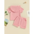 thumbnail image 3 of Toddler Girl Summer Outfit Solid Color Hooded Short Sleeve T-Shirts Tops and Shorts Set, 3 of 8