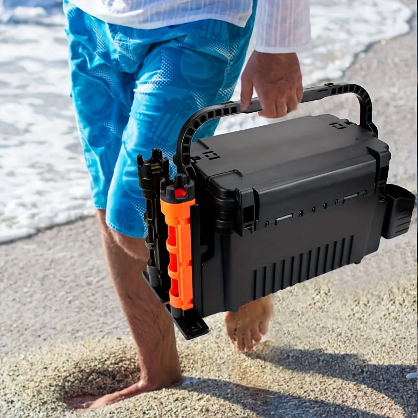 2.91Gal Dual-Layer ABS Fishing Tackle Box with 2 Rod Holders and 2 Cup Holders, Large Outdoor Fishing Storage Case
