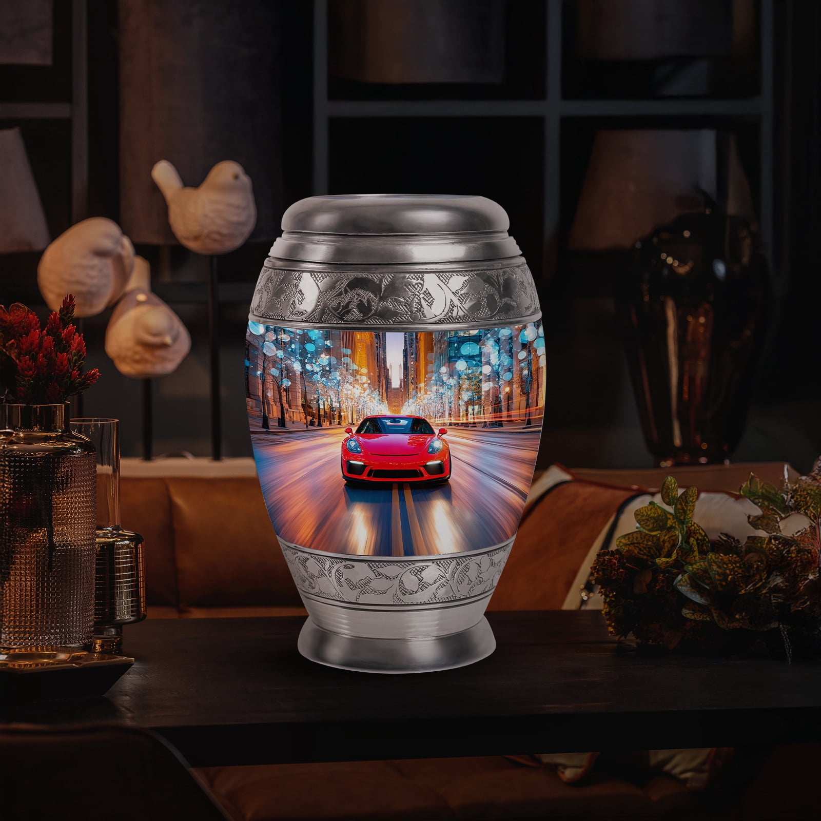 Yatskia Red Car Decorative Large Memorial Urns for Human Ashes Adult Mother and Father, Mini Cremation Urn for Ashes Adult, (Monar 10 Inch and 3 Inch)