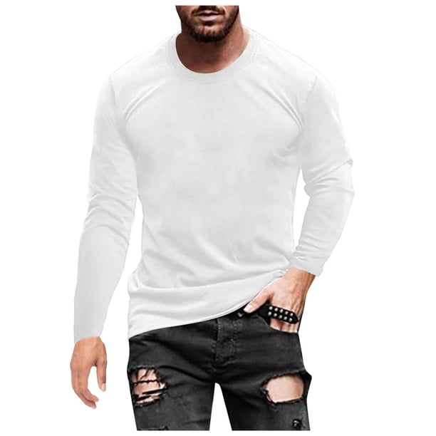 Camiseta de manga larga de color liso para hombre: cuello redondo holgado, para todas las estaciones, material de poliéster, tallas S-XXXL.