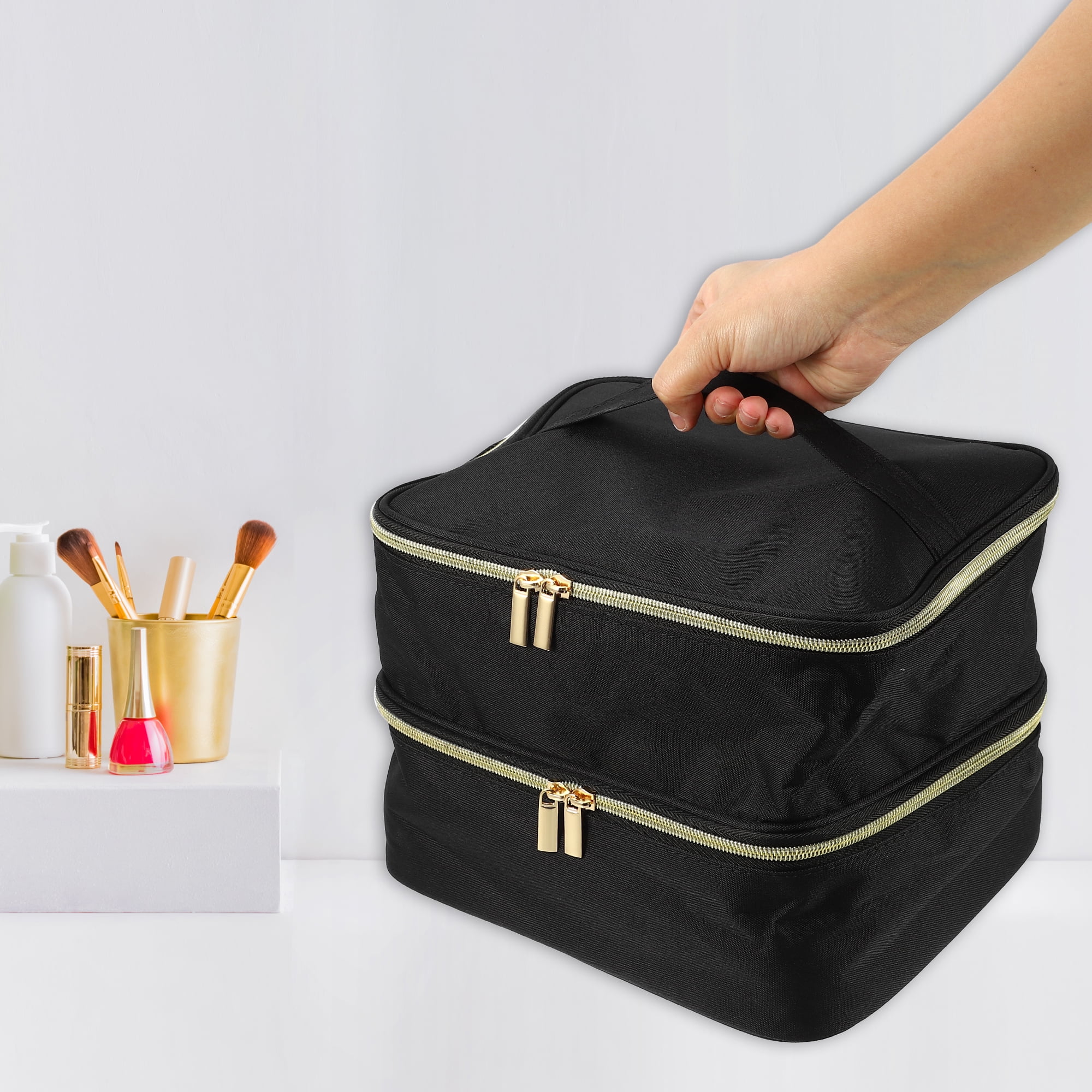 Unique Bargains Floral Makeup Bag Zipper Flower Cosmetic Pouch Black
