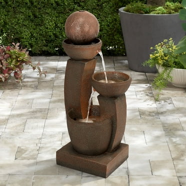 John Timberland Curved Columns Rustic Cascading Basins Outdoor Floor Water Fountain with LED Light 31" for Yard Garden Patio Home Deck Porch