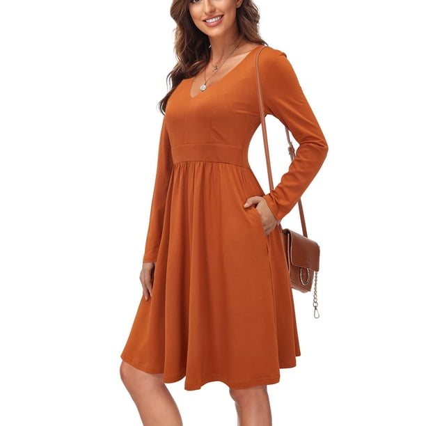Vestido de manga larga,Vestido de cintura alta V Color puro Vestido de manga larga Vestido de cintura alta Construcción robusta