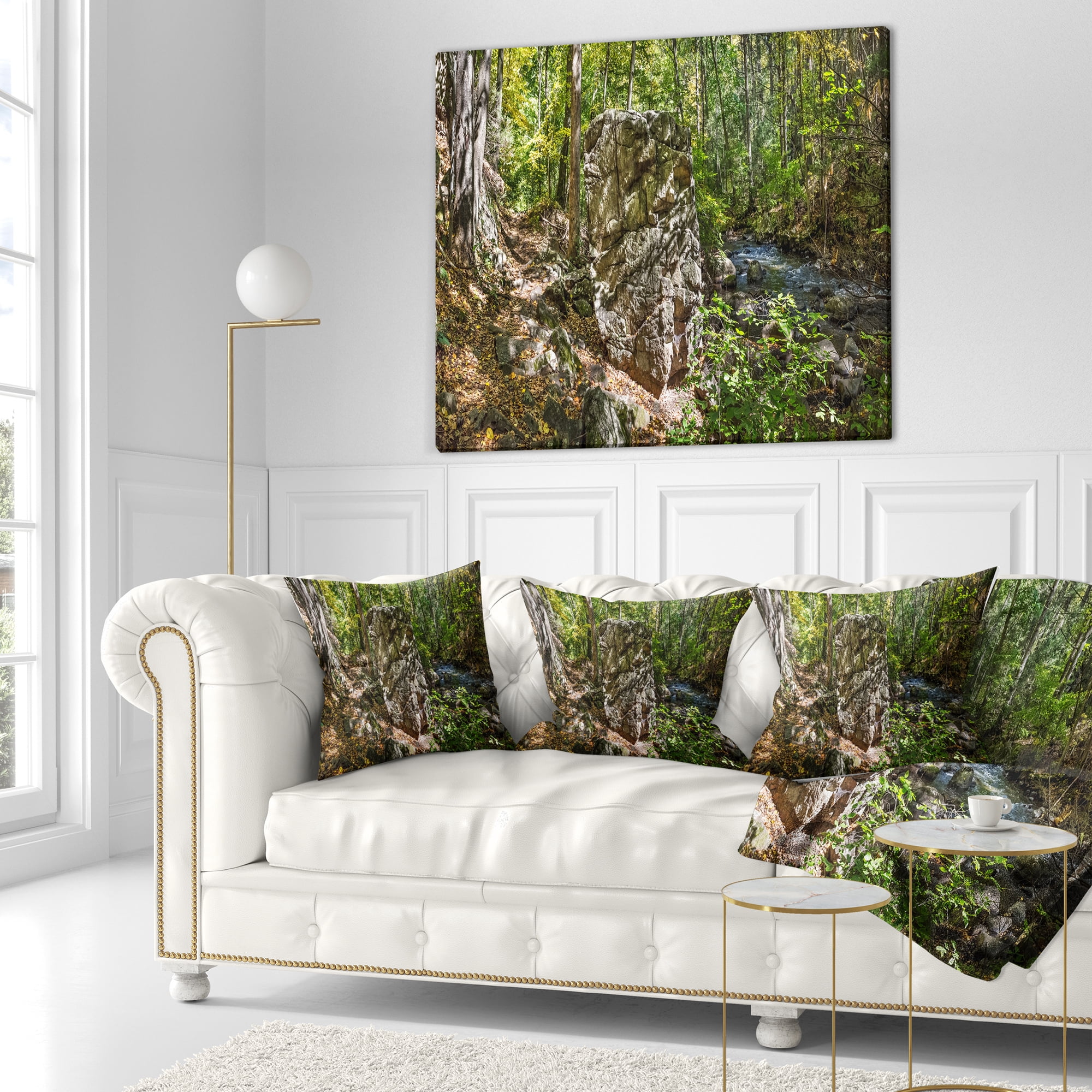 Designart Huge Rock in Black River Shore - Landscape Printed Throw Pillow - 16x16
