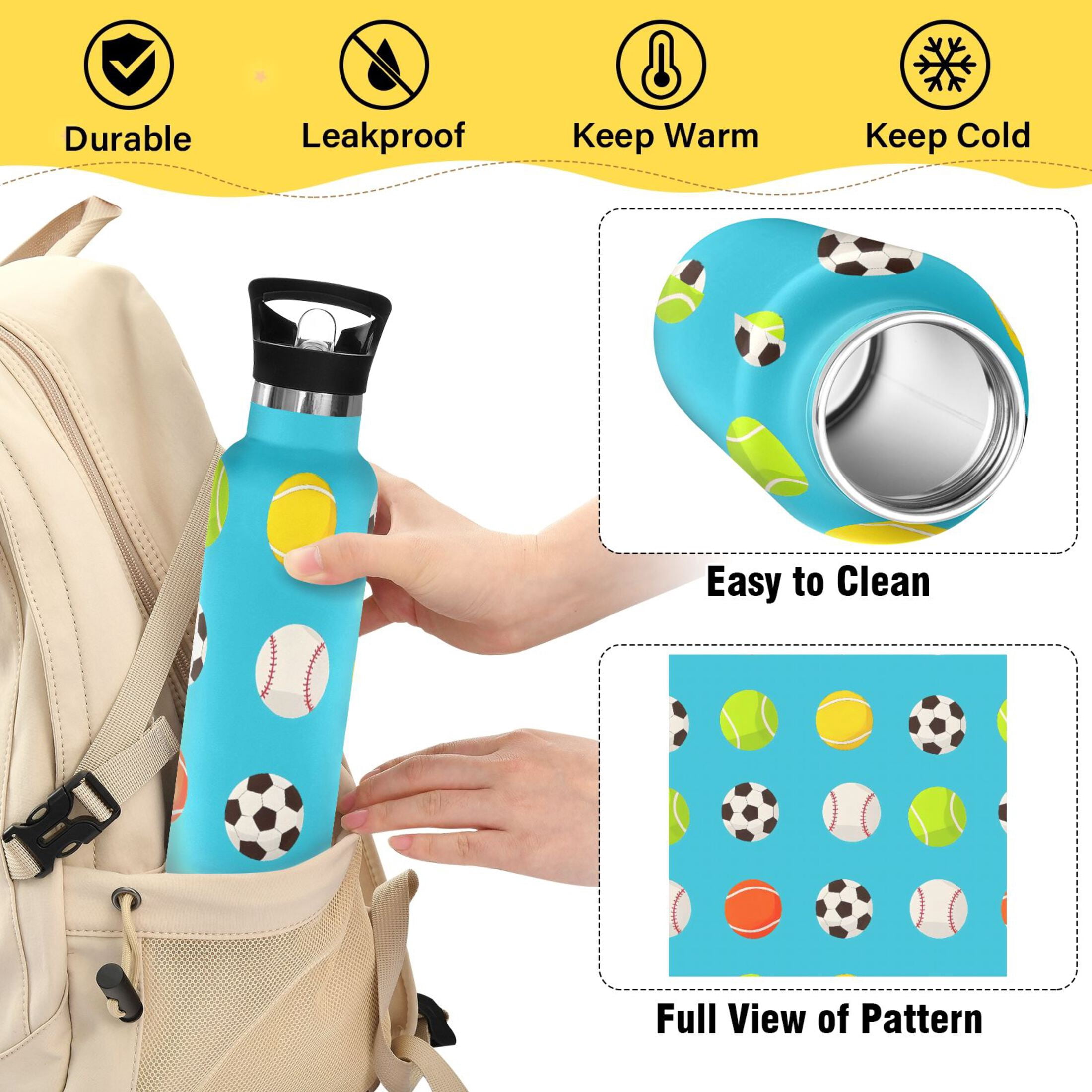 ALAZA Tennis Balls Footballs Pattern Stainless Steel Water Bottle Vacuum Insulated Leak-Proof Tumbler with Straw Handle 20oz
