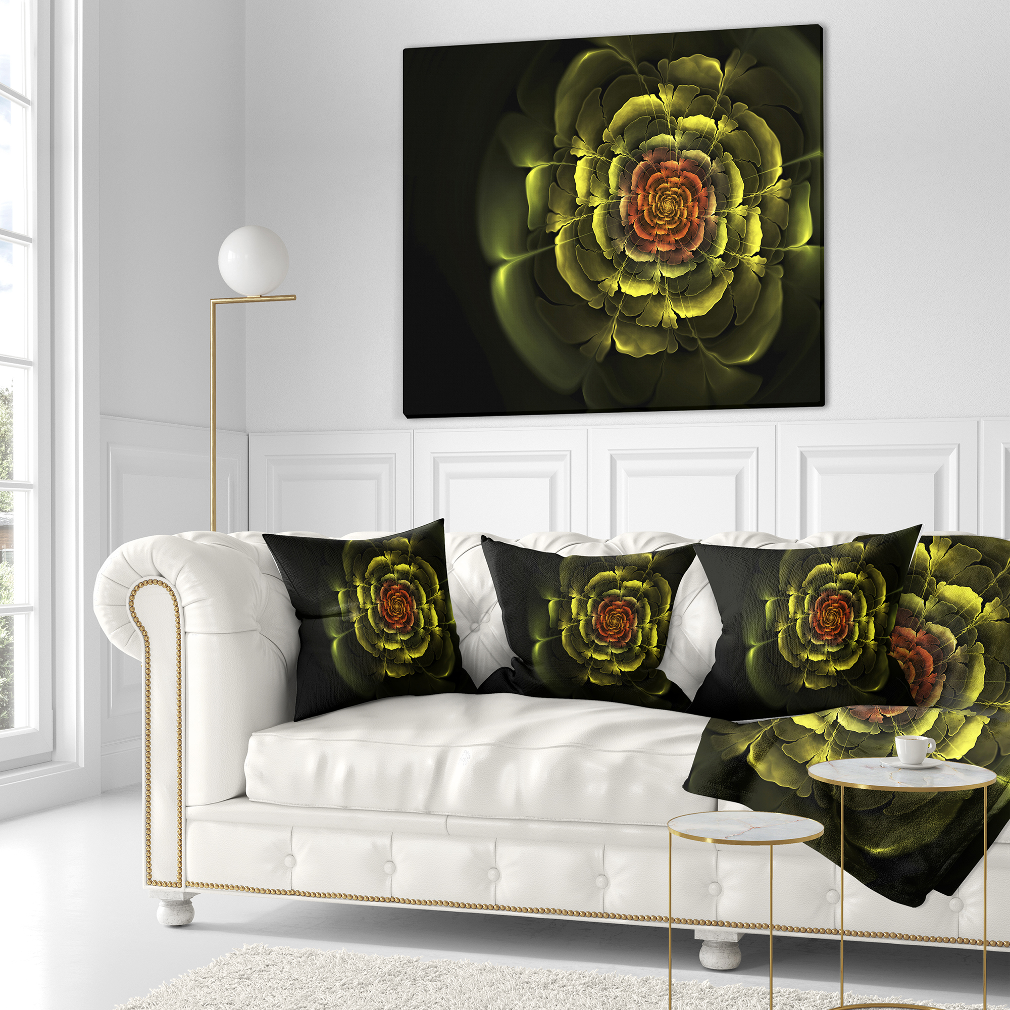 Designart Fractal Yellow Rose in Dark - Floral Throw Pillow - 16x16