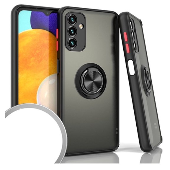 For Samsung Galaxy A13 5G S136DL O-Ring Kickstand Cover Cell Phone Case Tempered Glass - OST Black