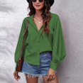 thumbnail image 3 of Cuello linterna manga blusa Top mujeres color puro V Masajeadores de cuello botón camisa para el desgaste diario verde S, 3 of 6