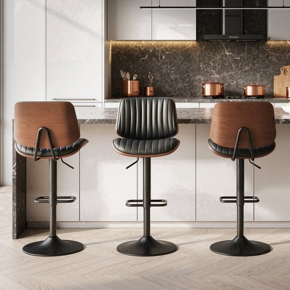 EOP Adjustable Swivel Bar Stools Set of 3, Faux Leather Upholstered Counter Height Chairs with Back Dining Barstools for Kitchen Island, Black
