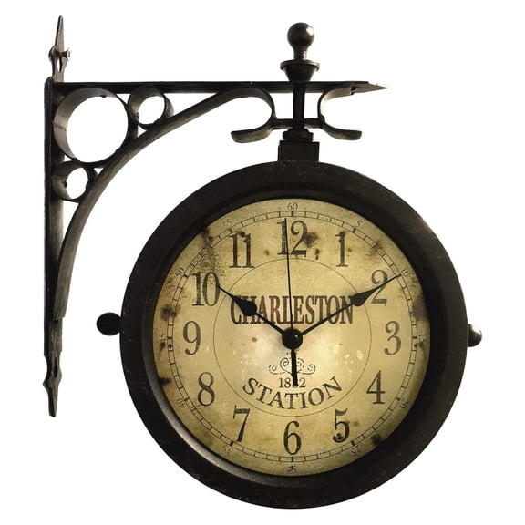 Charelston Metal Outdoor Clock, Waterproof Double Sided Train Station Clock & Thermometer Charleston