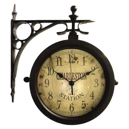 Charelston Metal Outdoor Clock, Waterproof Double Sided Train Station Clock & Thermometer Charleston