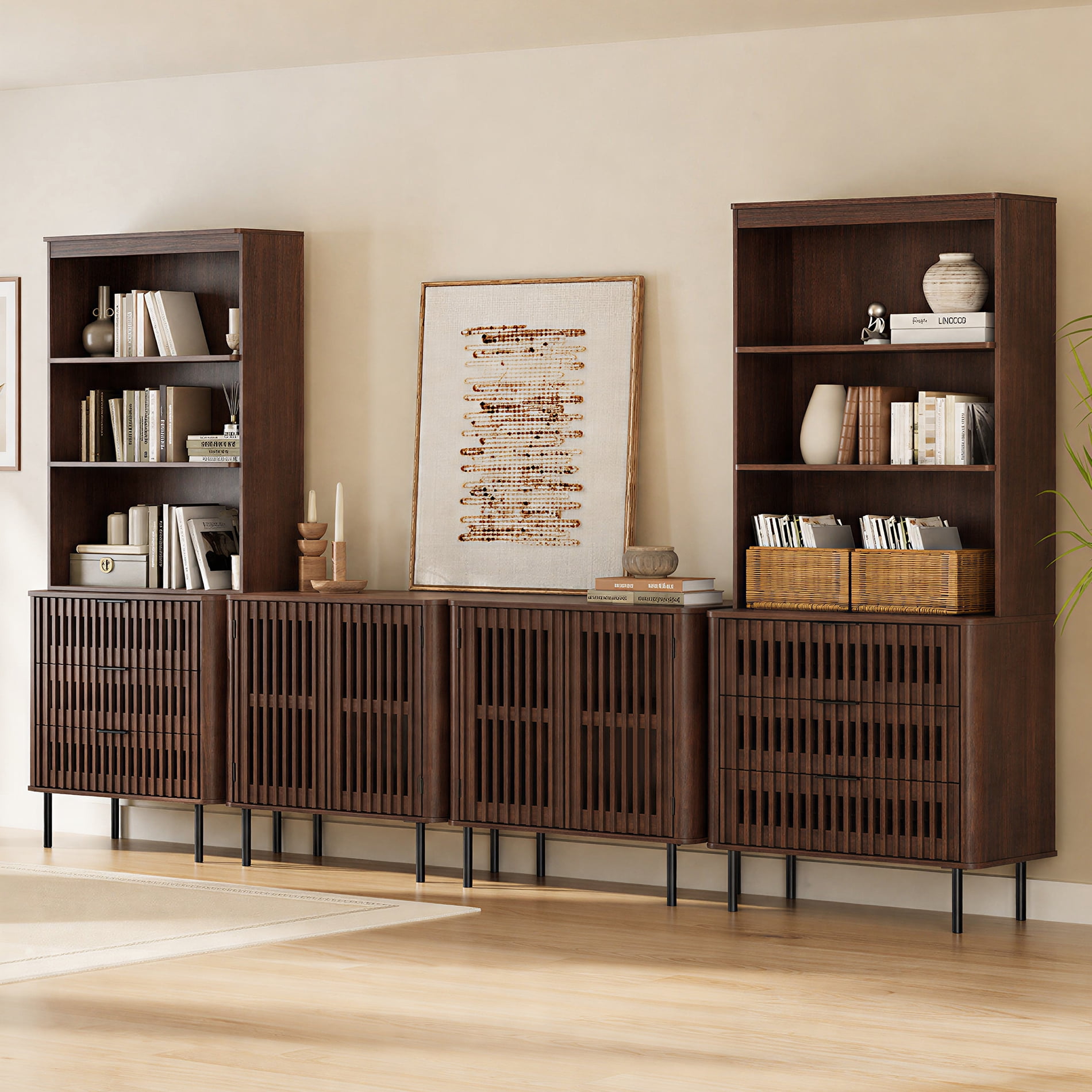 WAMPAT 72.8" Tall Bookshelf with Doors and Drawers, Modern Bookcase with Storage, Adjustable Shelves, Wood Storage Cabinet, Walnut