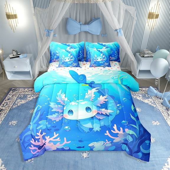 Erosebridal Axolotl Bedding Set 7 Pieces Bed In A Bag Twin Size,Cute Animal Salamander Comforter Teens Blue Ocean Sealife Sheet Set Kawaii Sea Creature Flat Sheet