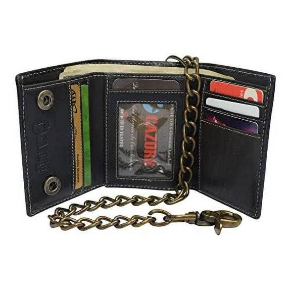 RFID Blocking Men's Tri-fold Vintage Biker Vintage Buffalo Leather Steel Chain Wallet Snap closure