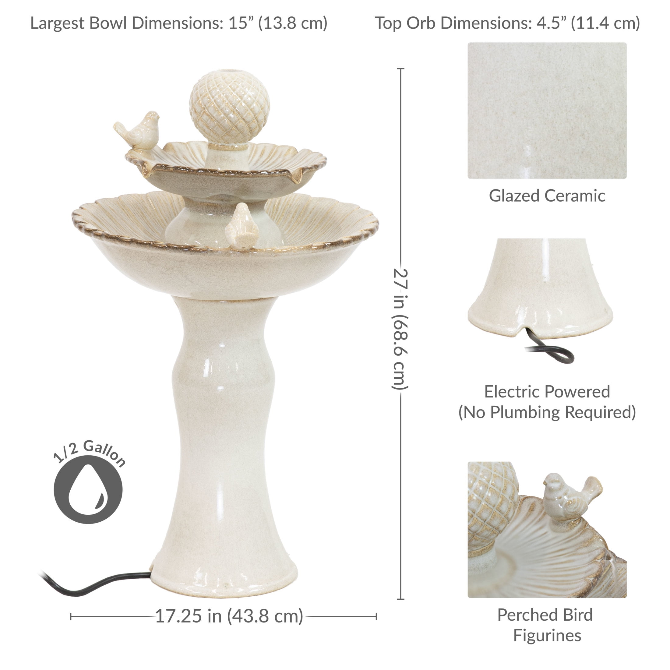 Sunnydaze White Resting Birds Contemporary Ceramic 2-Tiered Outdoor Water Fountain