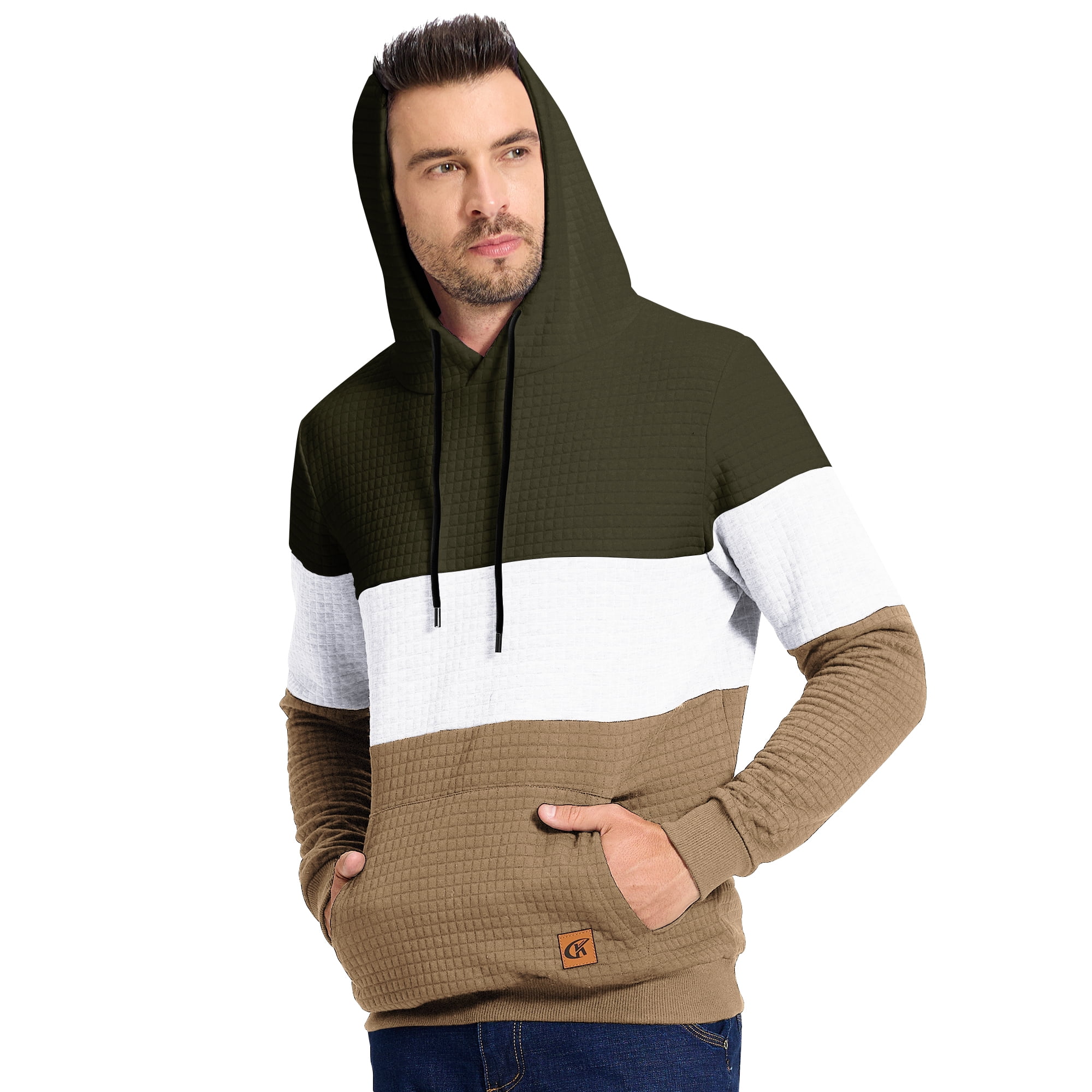 Satankud Men's Pullover Hoodies Plaid Jacquard Color Block Long Sleeve Casual Hooded Sweatshirts with Kanga Pockets Armygreen/White/Khaki XL