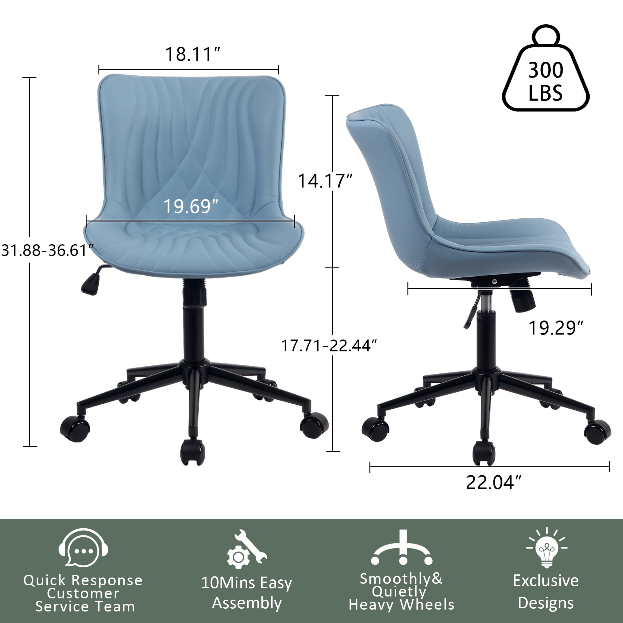 YOUNIKE Modern Office Chair with Wheels Adjustable Ergonomic Desk Task Chair in Mid-Back Blue PU Design