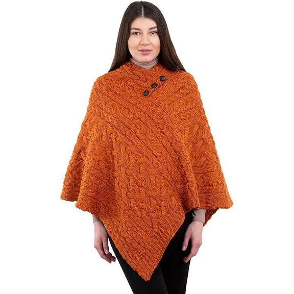 ARAN ISLE Ladies Poncho 100% Virgin Wool Aran Cable Knit Shawl Neck with Buttons Sweater