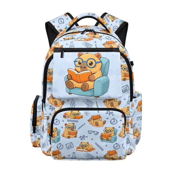 HUIACONG Cute Reading Capybara Print School Backpack for Kids Teens Age 5-16 Multi Pockets Water Resistant Bookbag with Adjustable Padded Straps Lightweight Casual Daypack for School Travel