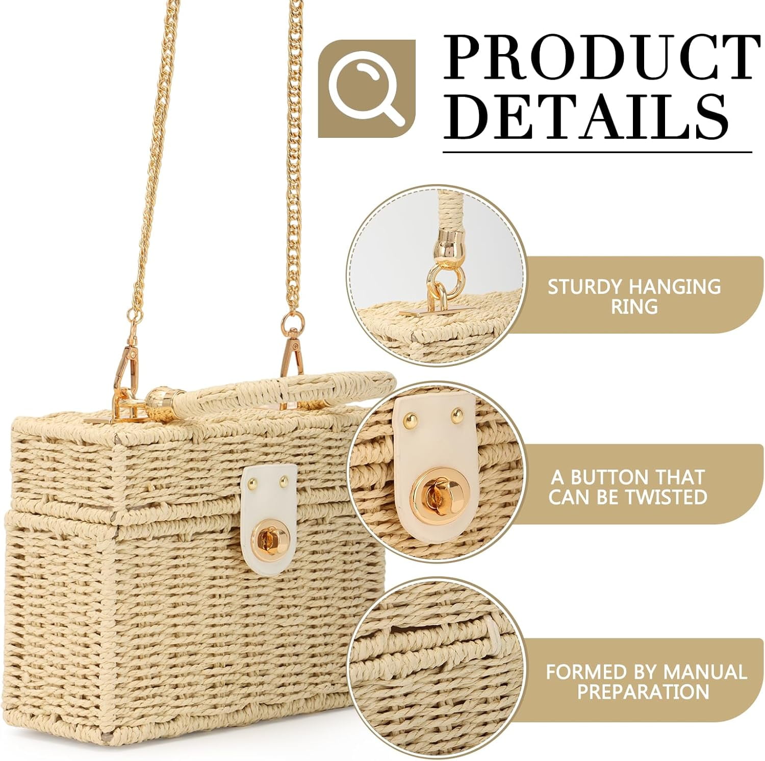 Women Handwoven Rattan Handbag Beach Straw Tote Bag Square Boho Crossbody Bag