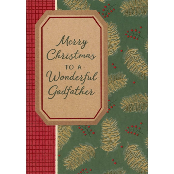 Designer Greetings Gold Foil Pine Branches on Dark Green, Red Checkerboard Border Christmas Card for Godfather