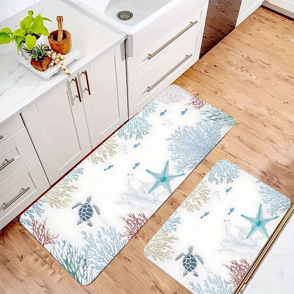 AIOE Coastal Beach Kitchen Rugs Set of 2 Anti Fatigue Kitchen Mat Blue Turtle Kitchen Mats For Floor Non Slip Waterproof Comfort Memory Foam Standing Mat for Office Laundry 17"x47" 17"x29.5"