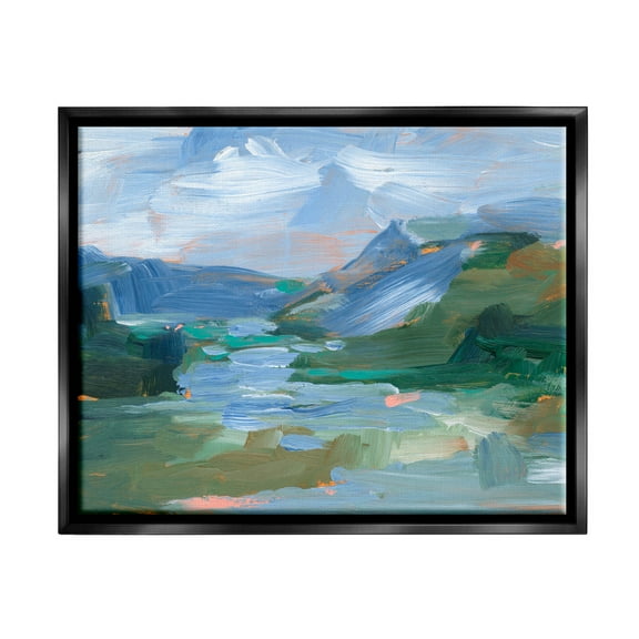 River Through Mountains Abstract Scene Landscape Painting Jet Black Framed Art Print Wall Art