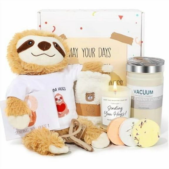 Get well soon gift basket for women with a sloth stuffed animal and self-care items for a sick friend.