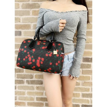Michael Kors Hayes Large Duffle Satchel Bag Black Mk Signature Rose