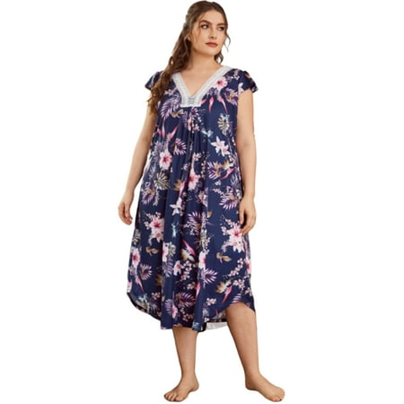 

Women s Plus Size Nightgown Flutter Sleeves Sleepwear Lace V-Neck Nightshirt Lightweight Cotton Comfy Nightgown Floral Soft Sleep Shirts Lounge Dress Loose Fit PJ Dress XL-5XL Blue