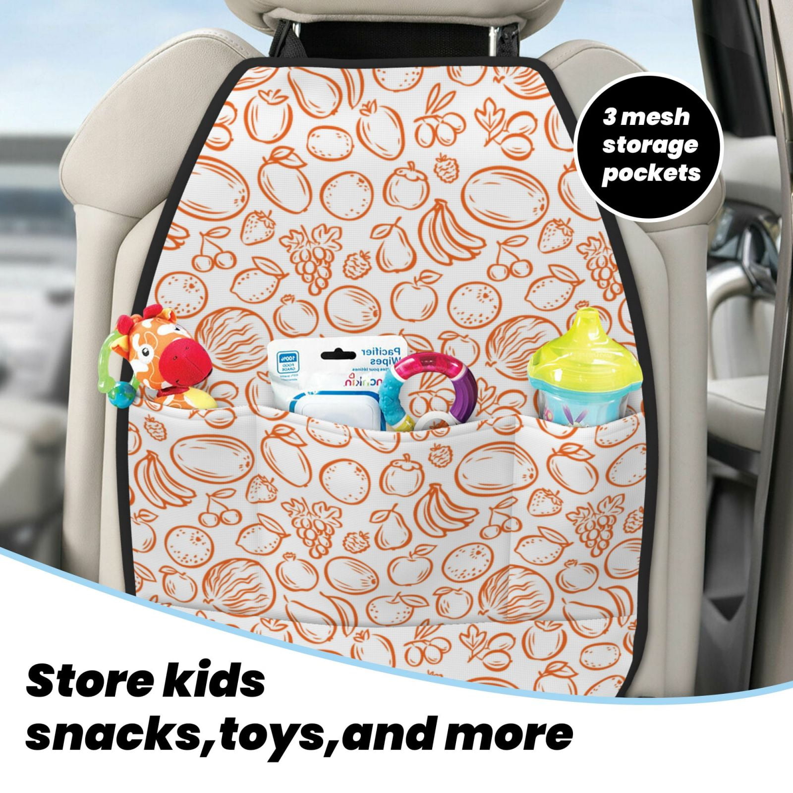 Xecao Simple Fruit Pattern Car Seat Back Protector 2 Pack Large Capacity Pocket, Kick Mats Back Seat Protector
