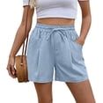thumbnail image 4 of Thick Thigh Shorts Only Moment Hiking Shorts for Women Cotton and Linen with Pockets High Waisted Stretch Knee Length Shorts for Women Summer Walking Light Blue,L, 4 of 7