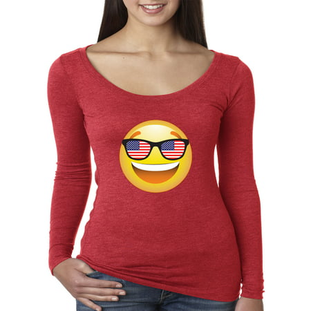 Trendy USA 474 - Women's Long Sleeve T-Shirt Emoji Smiley Face USA American Flag Sunglasses 4th July Small