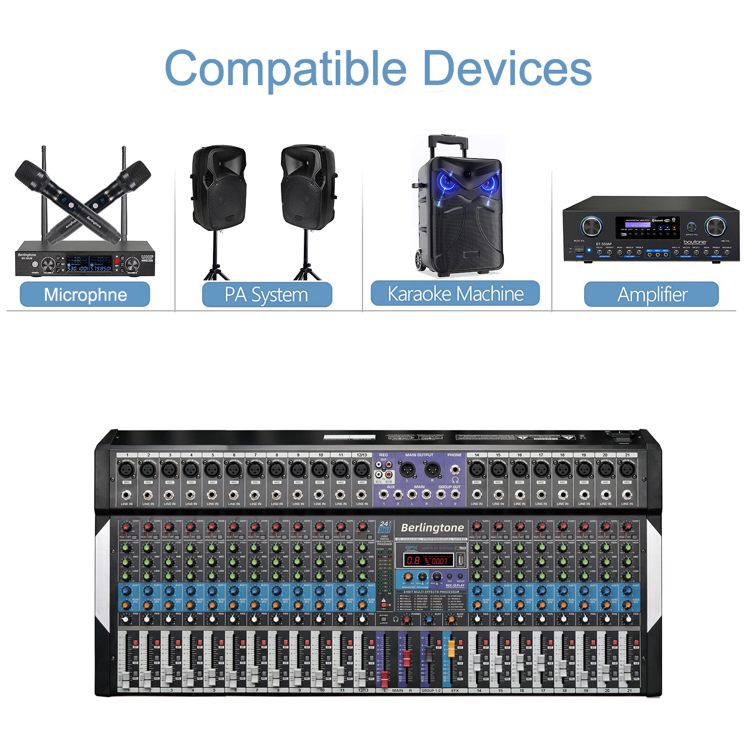 Berlingtone BR-20MX- 20 Channel Professional Bluetooth Studio Audio Mixer - DJ Sound Controller, USB MP3 Player, PC Recording,18 Microphone Jack, 48V Phantom Power, 24BIT Digital Effect, Metal chass