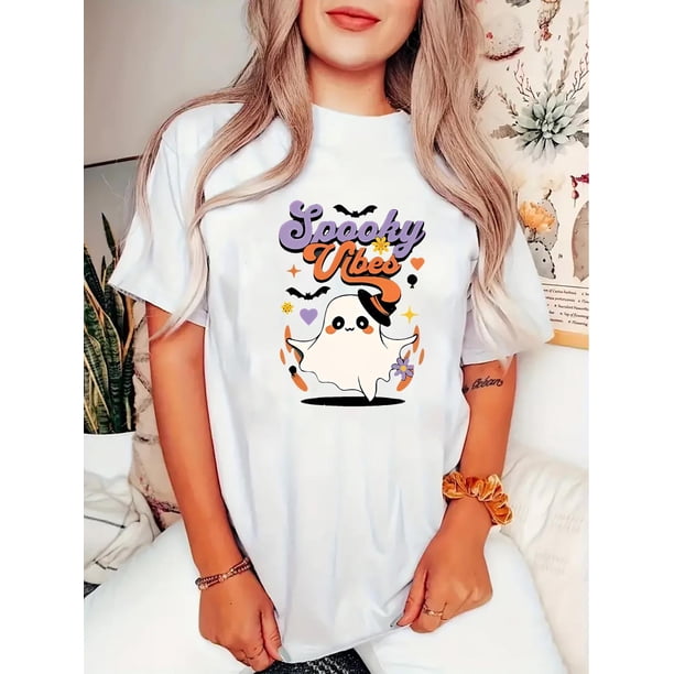 Spooky Vibes Halloween Crew Neck T-Shirt - Casual Polyester Knit with Spandex, Medium Stretch, Short Sleeve, Women's Fashion Top for All Seasons