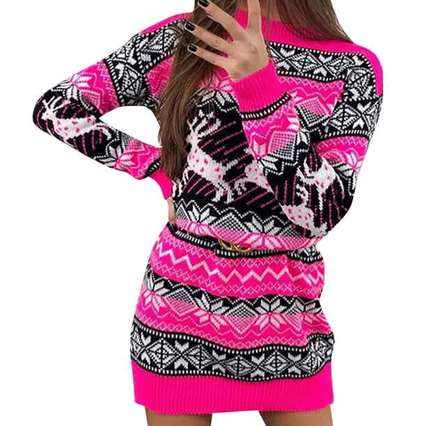 Vestido de suéter largo de manga larga con cuello redondo y diseño de alce navideño para mujer Fridja nbo1604